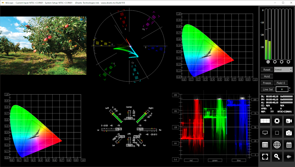 Bench vectorscope and waveform monitor showing RGB parade, gamut, and audio phase readouts from a reference telemetry capture